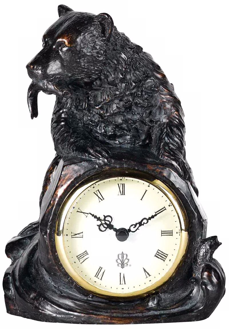 Antique Bronze Bear with Fish 6 1/2" Wide Tabletop Clock