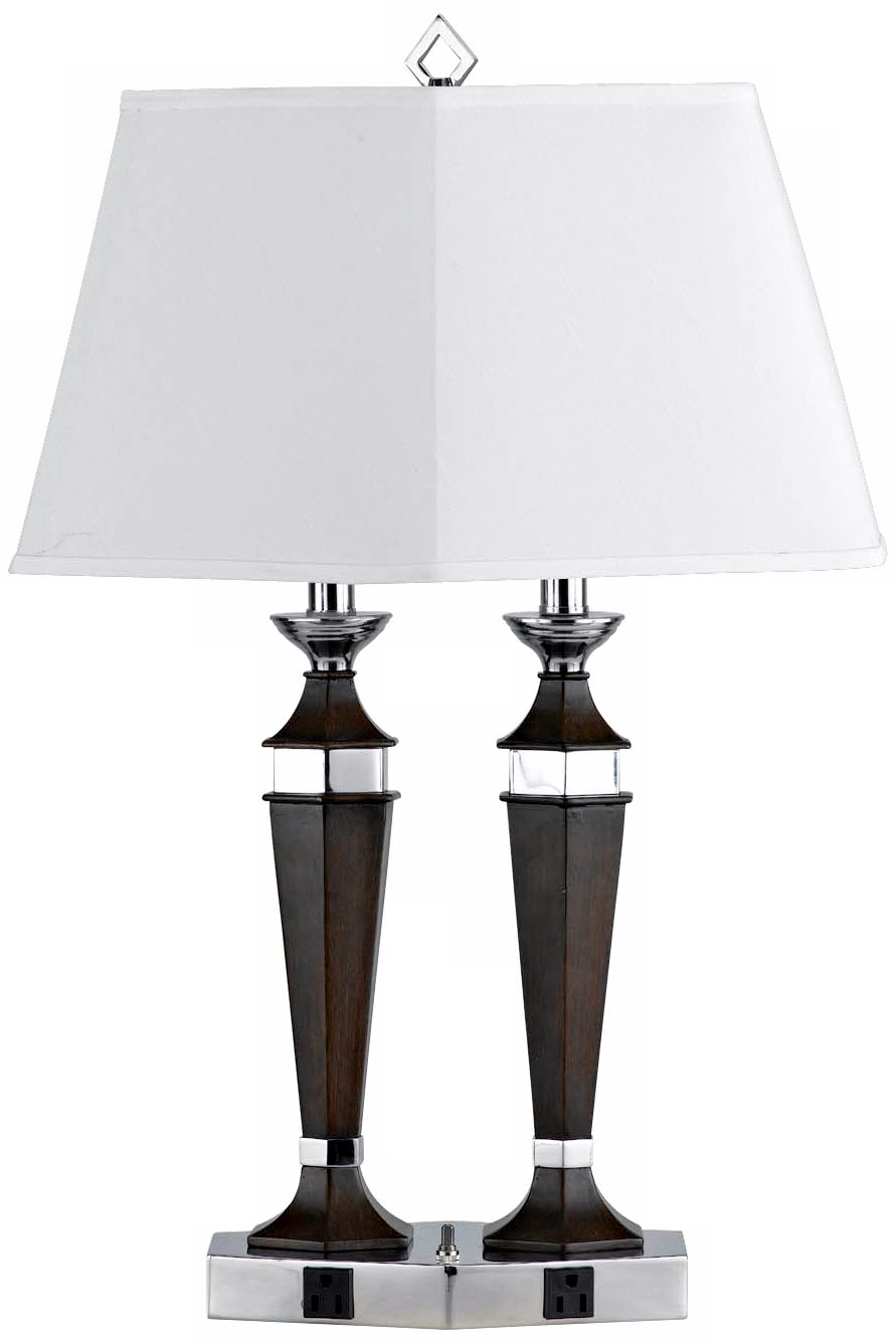 Brushed Steel with Power Outlets Twin Square Shade Desk Lamp