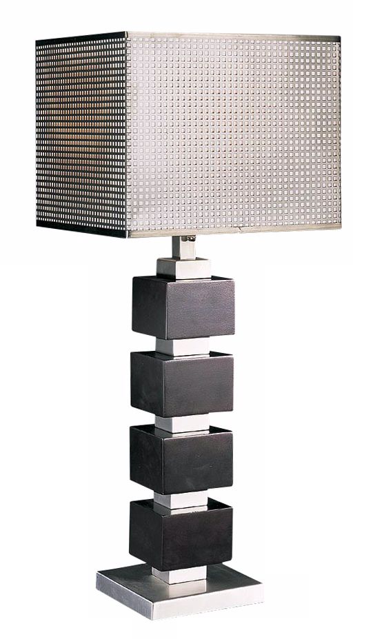 Chrome Screen Cappuccino Wood Cube Table Lamp