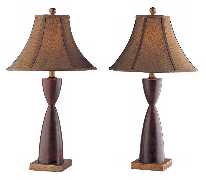 Set of Two Mahogany Bell Panel Shade Table Lamps