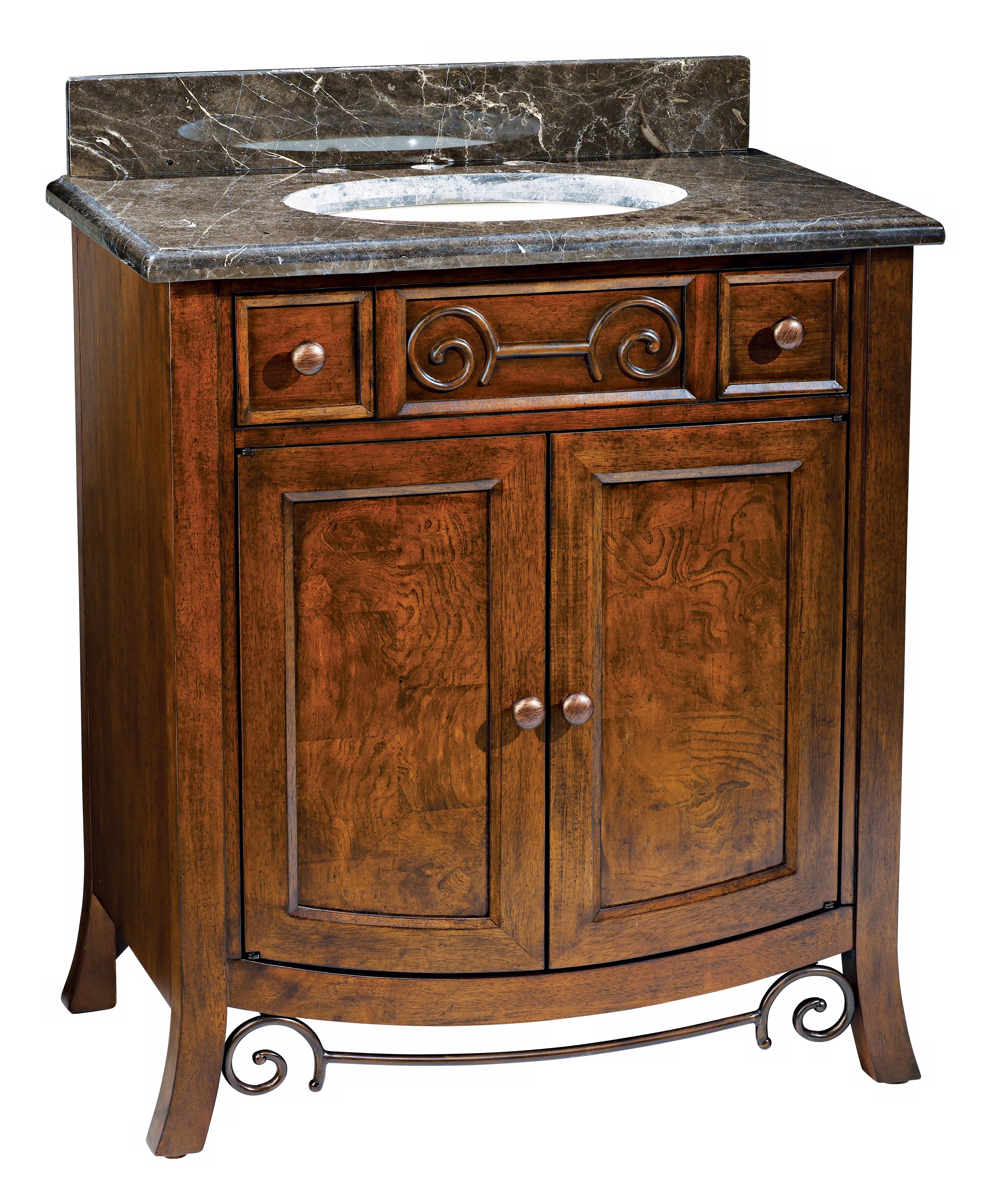 Burled Walnut Marble and Porcelain Bath Vanity
