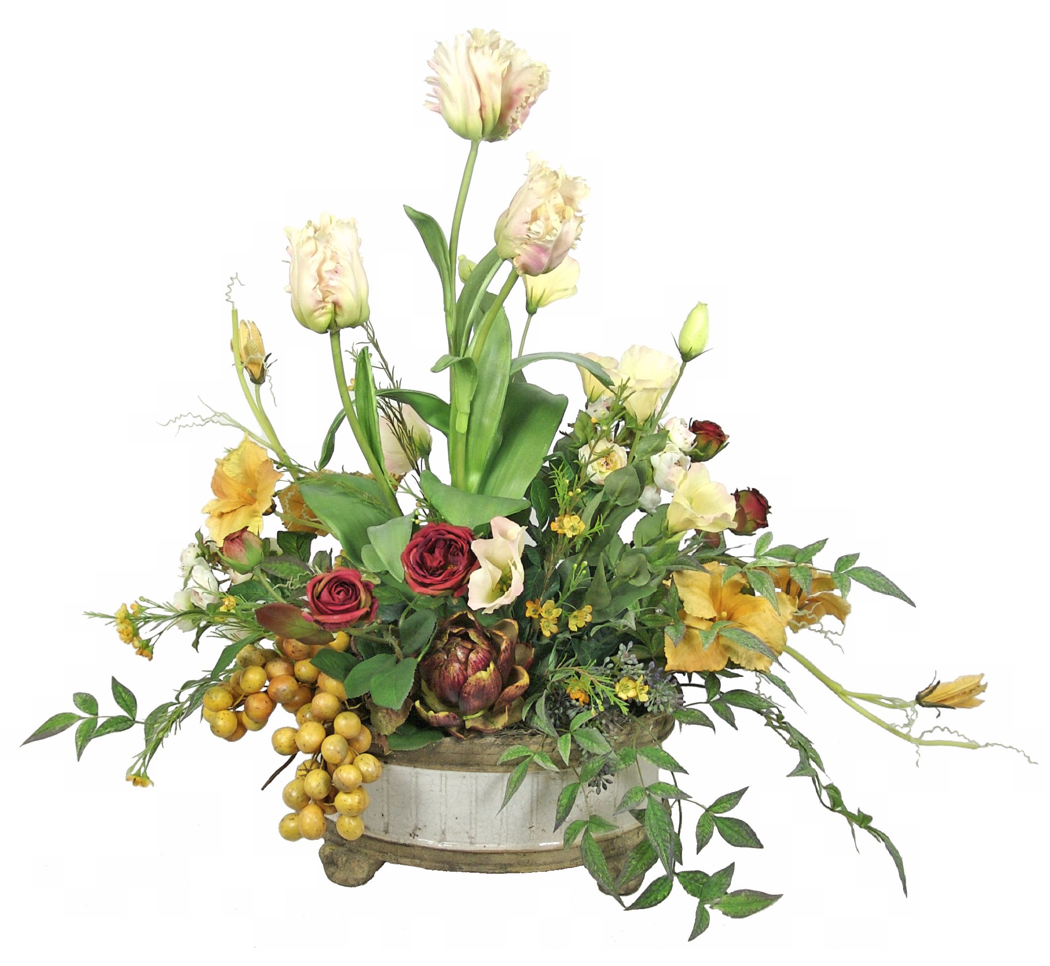 Roses Tulips and Grapes Faux Floral Arrangement