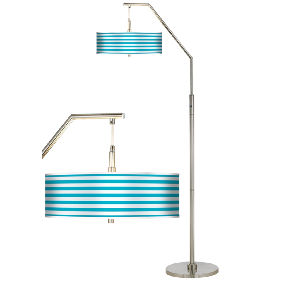 Aqua Horizontal Stripe Giclee Shade Arc Floor Lamp   #H5361 H7337