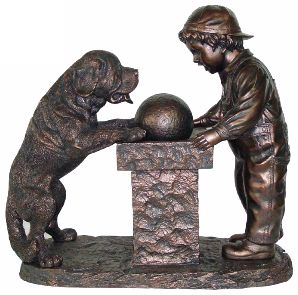 Young Boy and St. Bernard Dog Antique Bronze Fountain