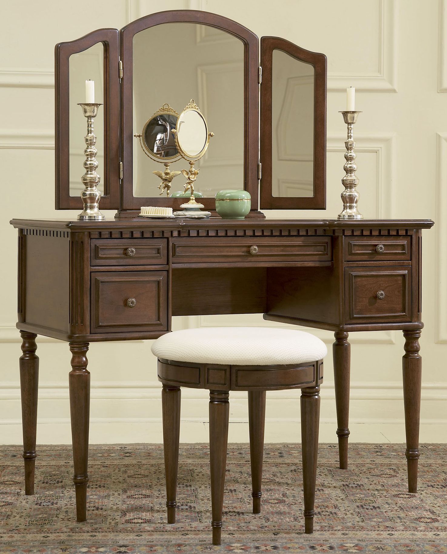 Warm Cherry Vanity with Mirror and Upholstered Stool