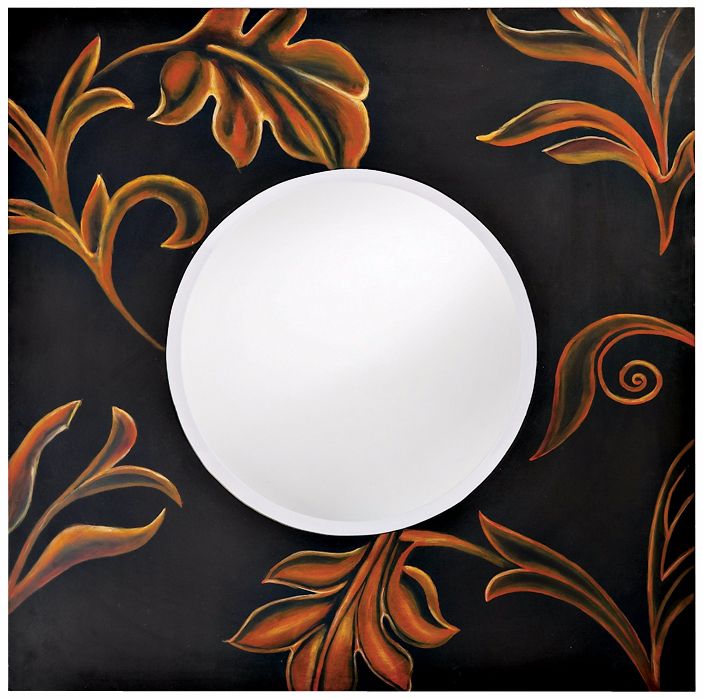 Black Finish Hand-Painted Floral Accent 36" Wide Wall Mirror