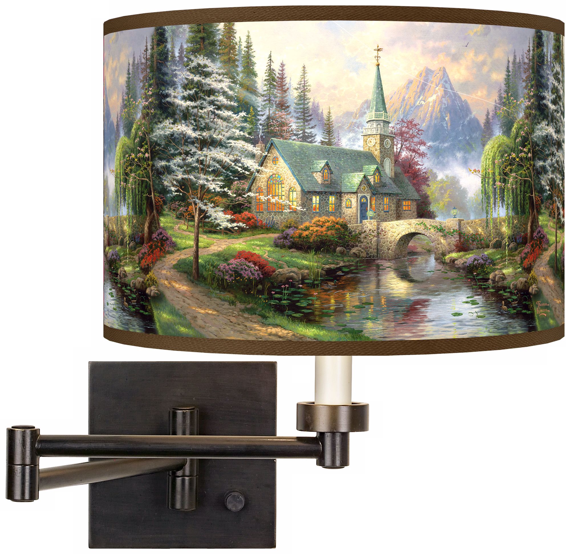 Thomas Kinkade Dogwood Chapel Plug-In Swing Arm Wall Light