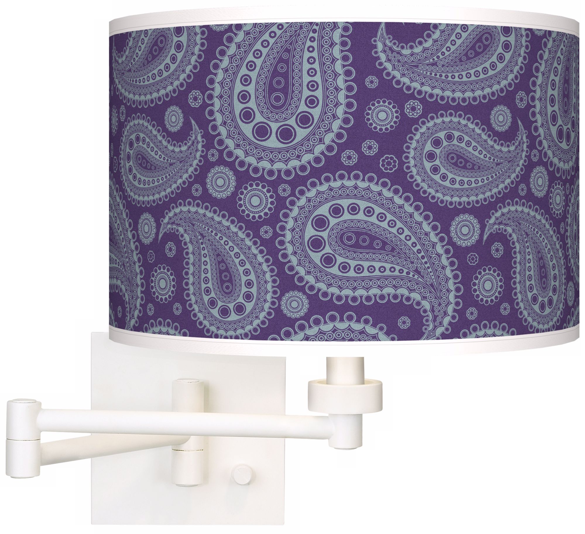 Purple Paisley Linen Giclee White Plug-In Swing Arm Wall Light