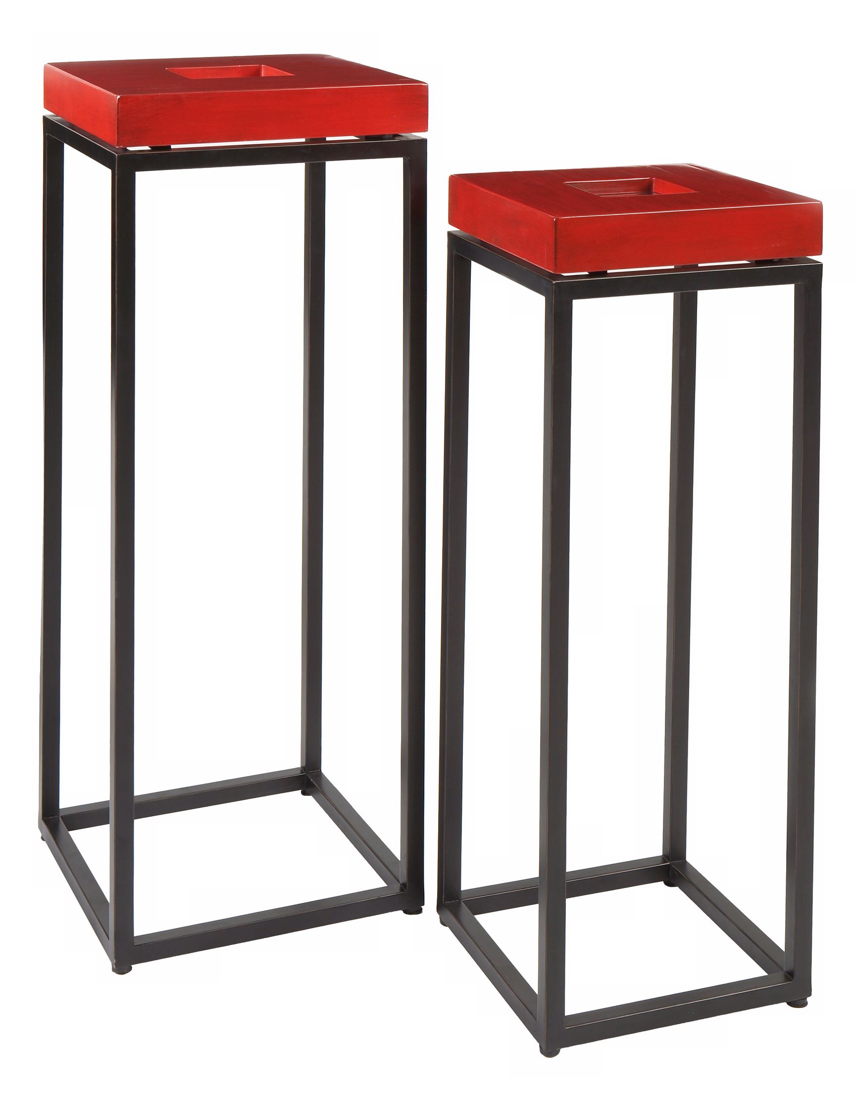 Set of Two Red Top Modern Pedestal Tables