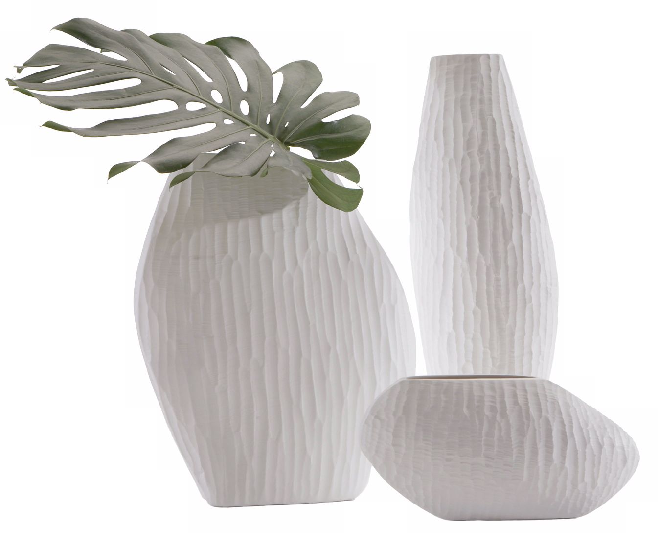 Set of Three Matte White Textured Ceramic Vases