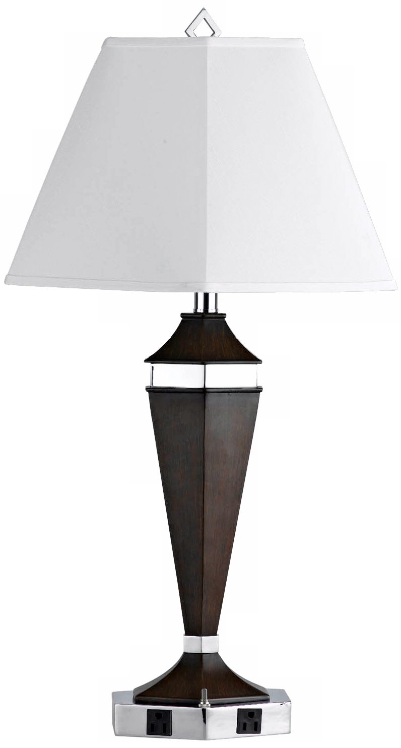 Hexagonal Espresso Wood and Brushed Steel Table Lamp