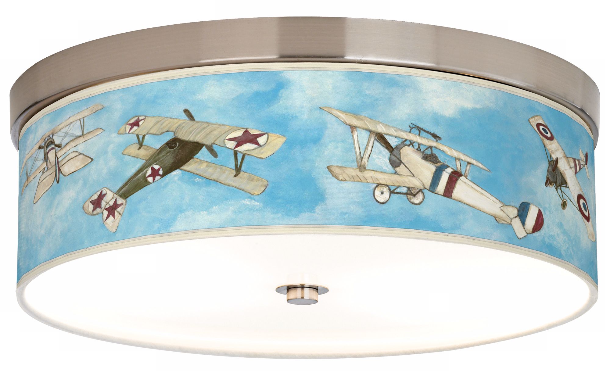 Biplane Flyers Giclee Nickel CFL Flushmount Ceiling Light