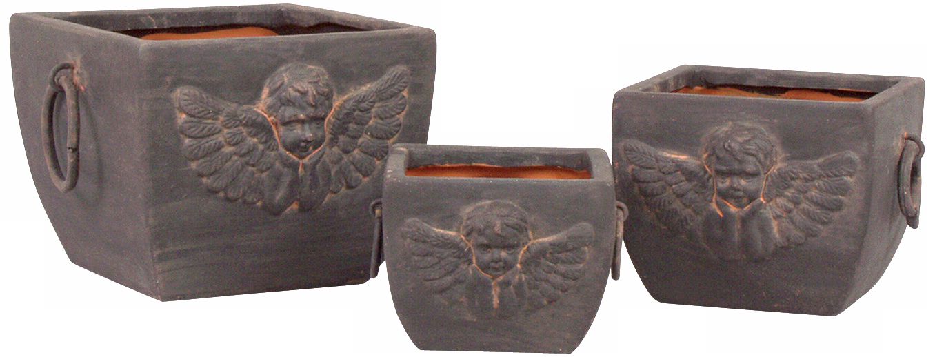 Set of Three Angel Relief Ring Handles Earthenware Planters