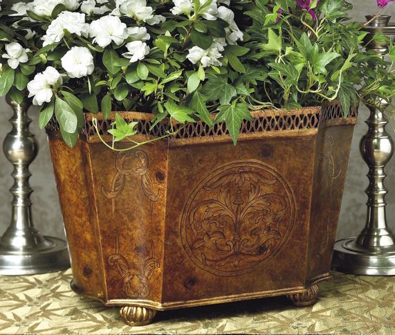 Burl Wood Finish Iron Planter