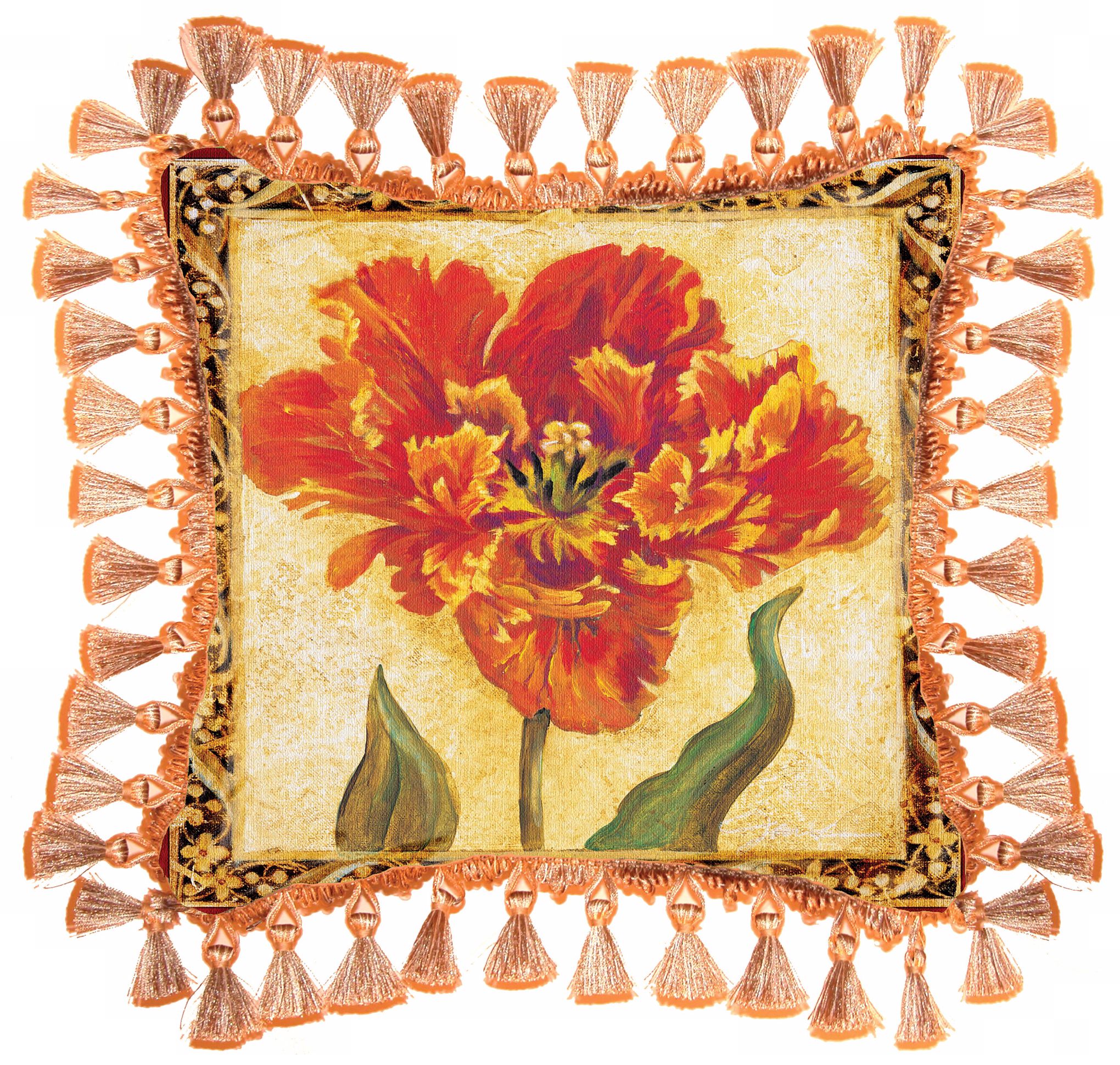 Morning Red Tulip Fringe Accent Pillow