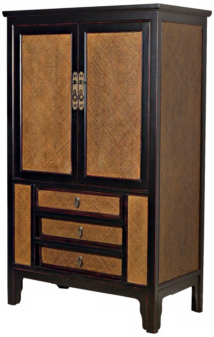 Black with Rattan Television Armoire