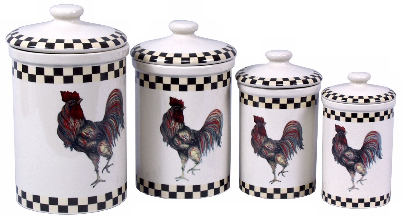 Country Roosters Set of 4 Ceramic Kitchen Storage Canisters