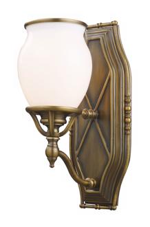 Williamsport Collection 14" High Wall Sconce (K2875) This elegant wall sconce captures the historic charm and timeless elegance of gas lighting from the late 1880s. The Williamsport lighting collection is crafted from solid brass bathed in a vintage brass patina finish. Blown opal glass completes this exquisite old world look. From Elk Lighting. Vintage brass patina finish. Blown opal glass. Takes one 60 watt bulb (not included). 6" wide. 14" high. Extends 8" from the wall.