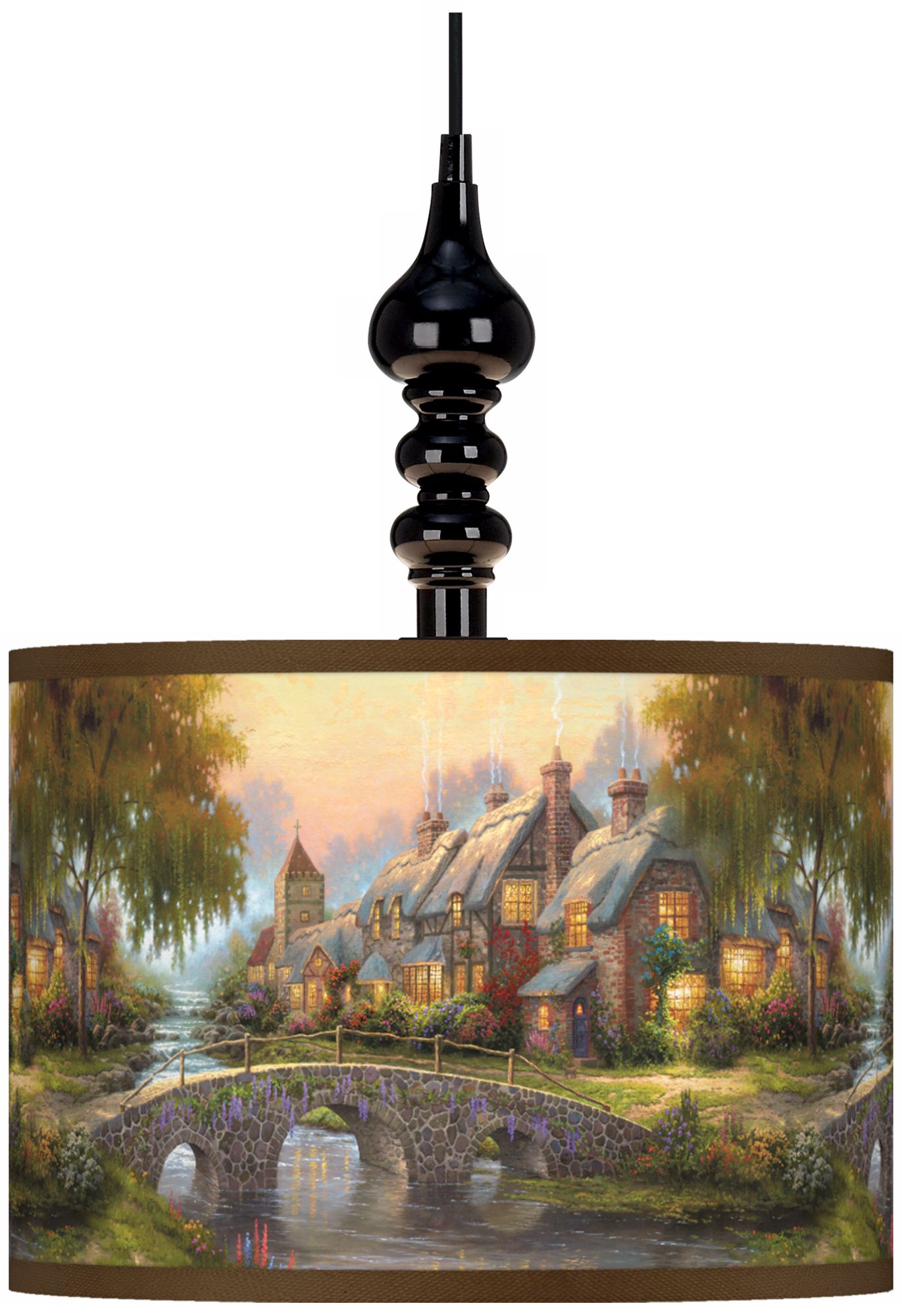 Thomas Kinkade Cobblestone Bridge Black Swag Lamp