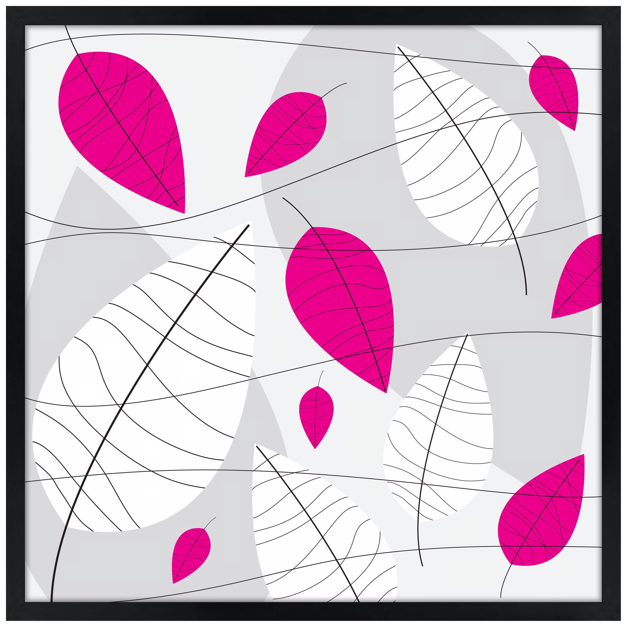 31" Square Black, Pink and White Leaves Giclee Wall Art