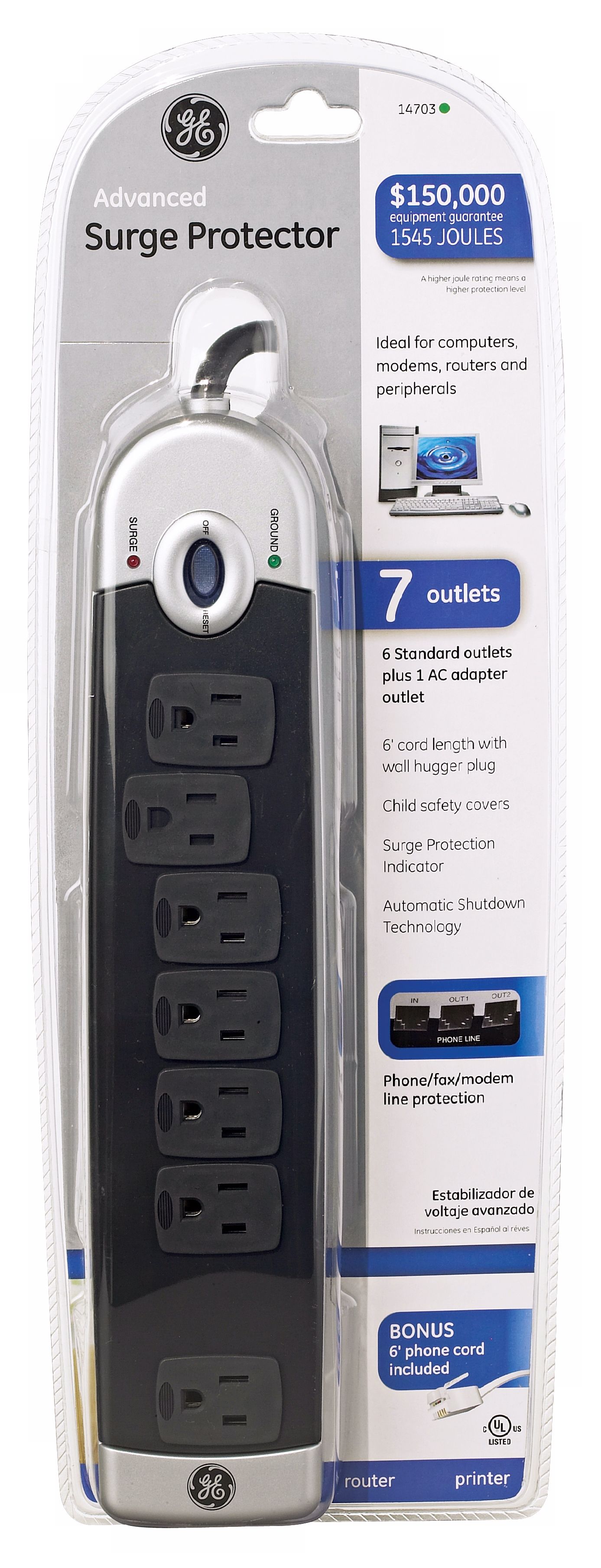 7-Outlet Surge Protector Power Strip with Phone Protection