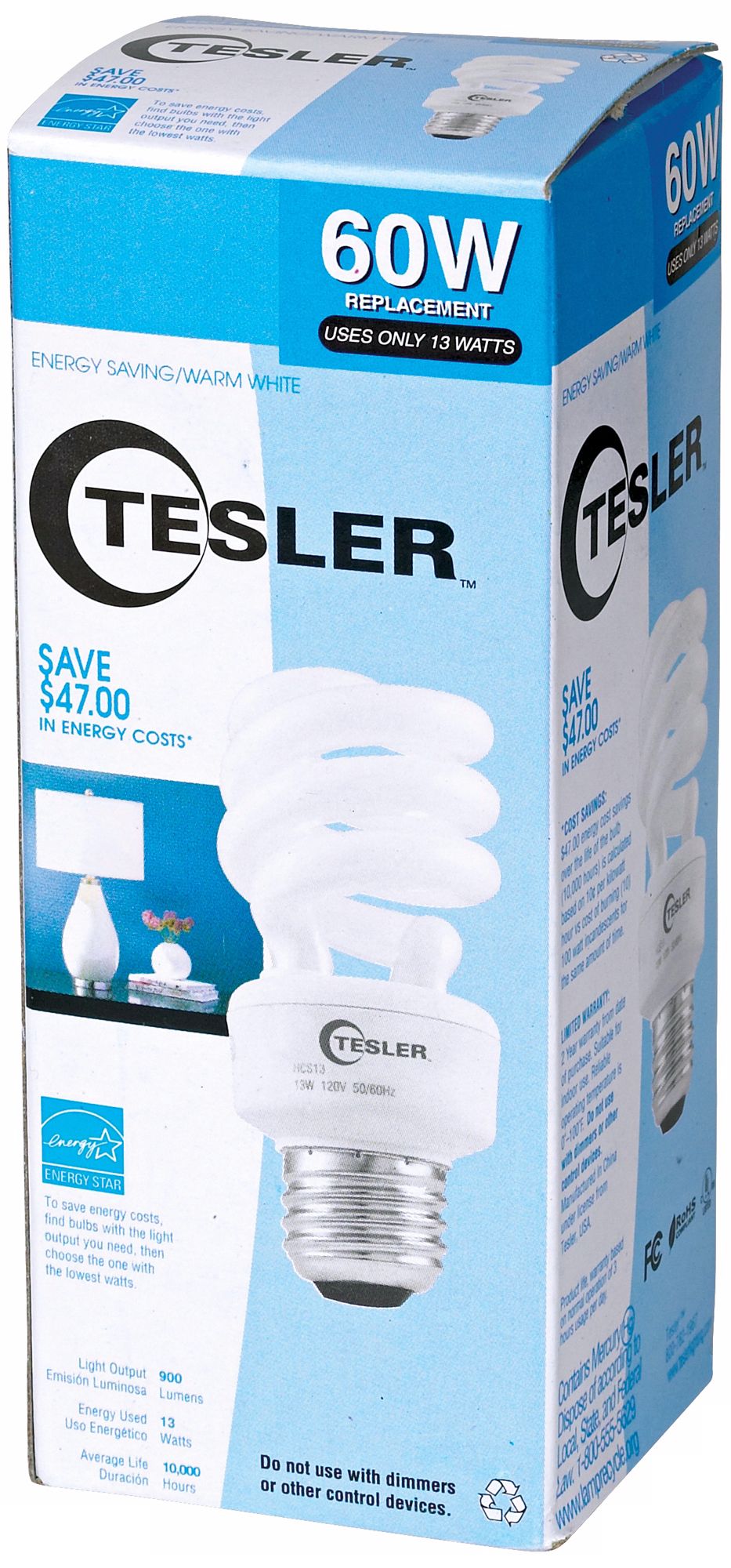 Tesler 13 Watt Warm White ENERGY STAR® Spiral CFL Bulb