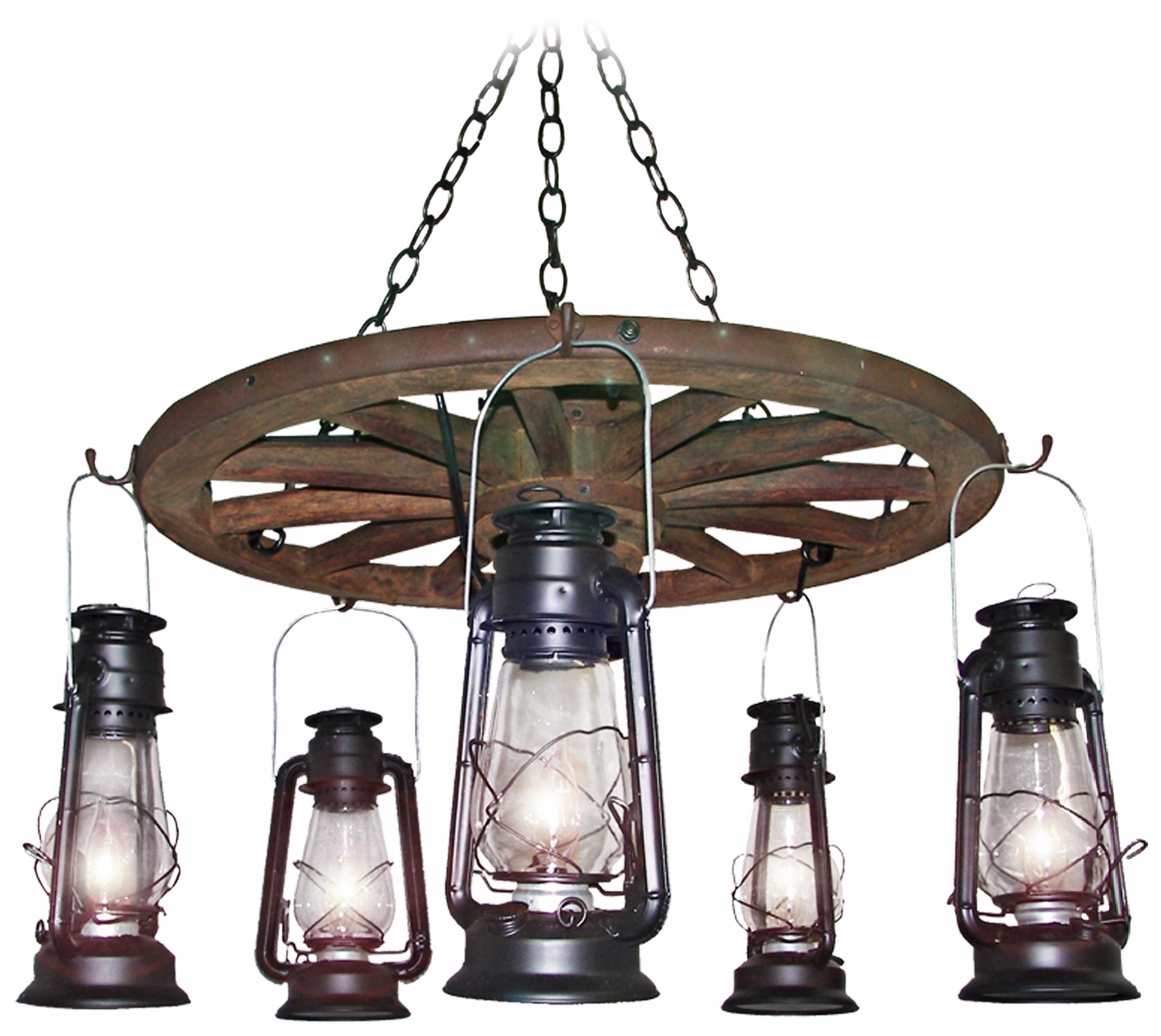 Amberwood Black Lanterns 24" Wagon Wheel Chandelier