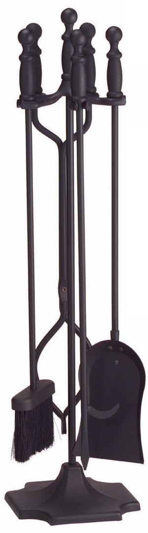Black Sculpted Handle 4-Piece Fireplace Tool Set with Stand