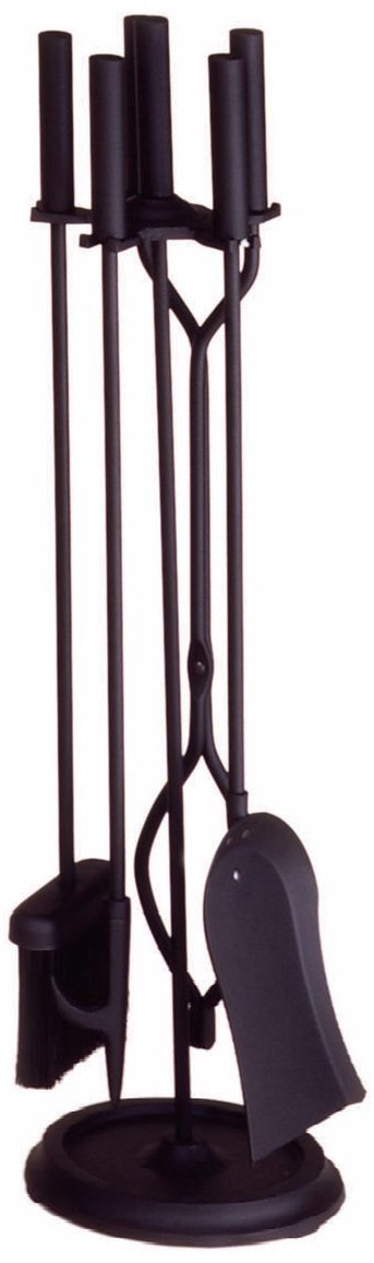 Black Straight Handle 4 Piece Fireplace Tool Set with Stand L0022