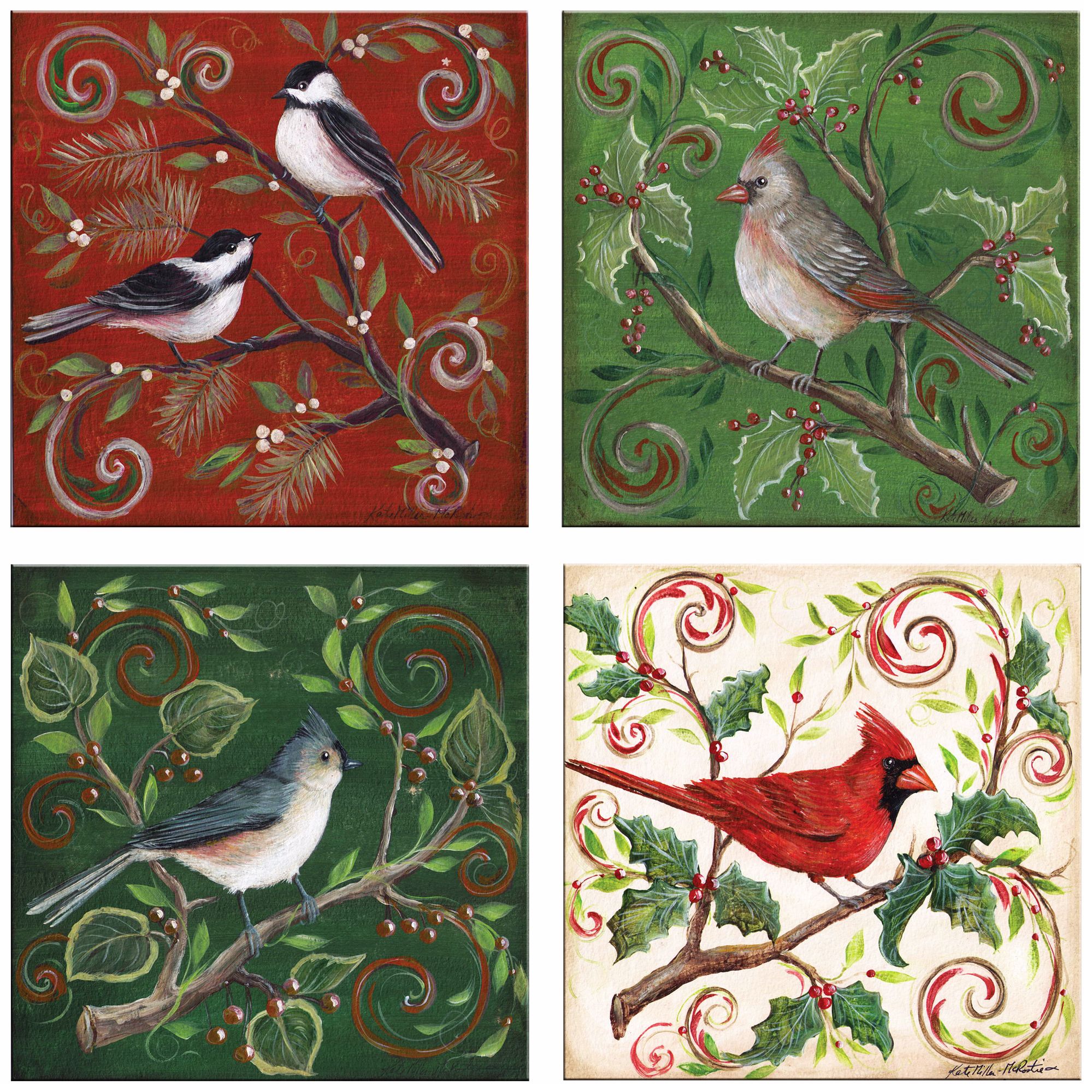 Set of Four Holiday Birds Stone Coasters