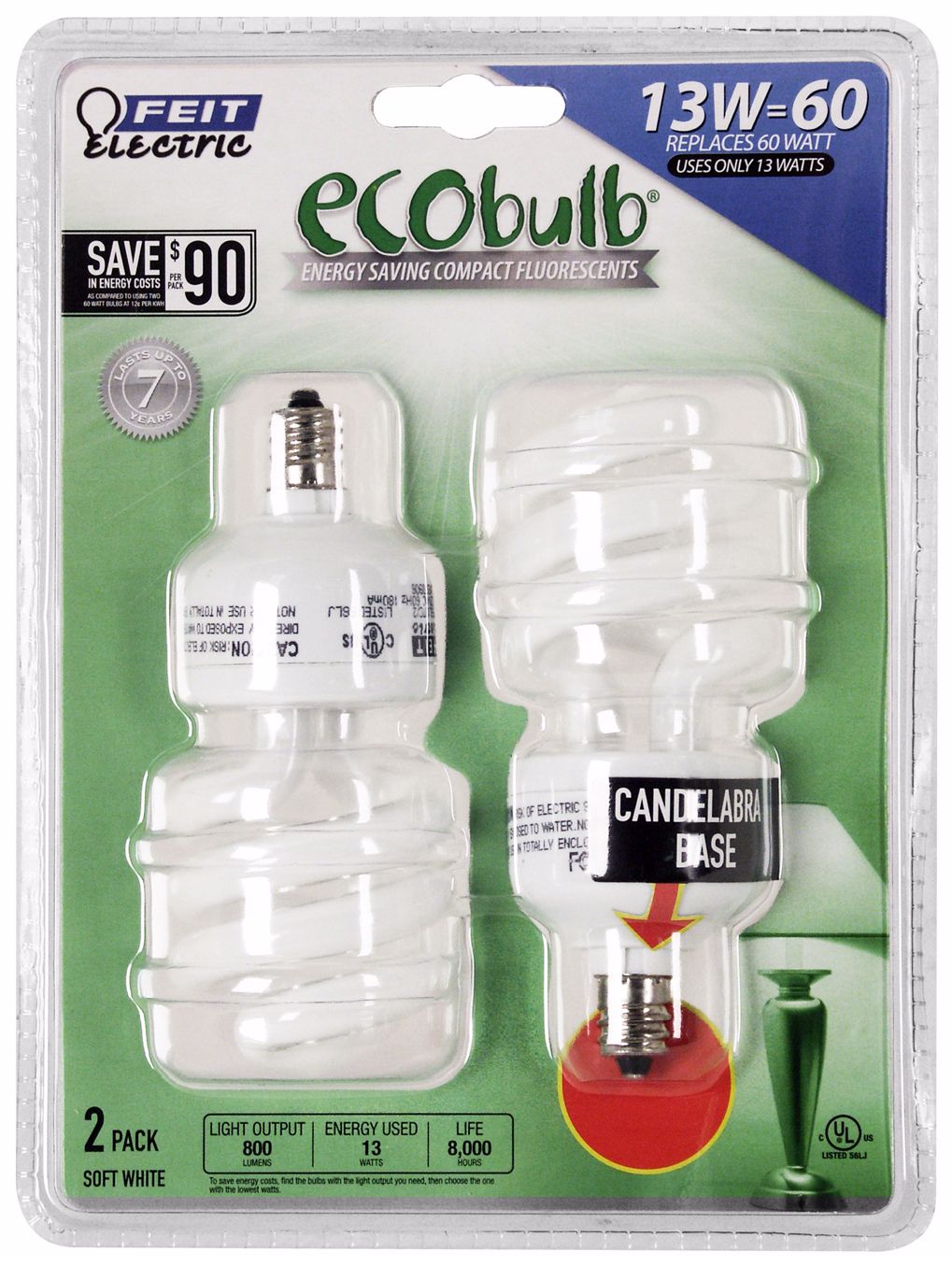 ECObulb 2-Pack Candelabra Base CFL 13 Watt Light Bulbs