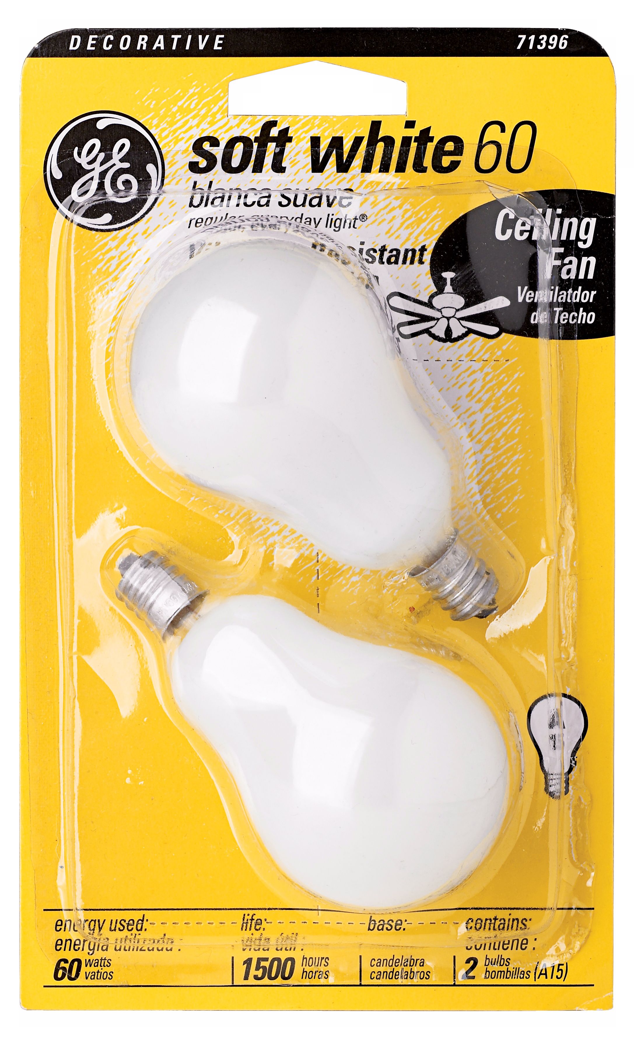 GE Candelabra Base 60 Watt 2-Pack Ceiling Fan Light Bulbs