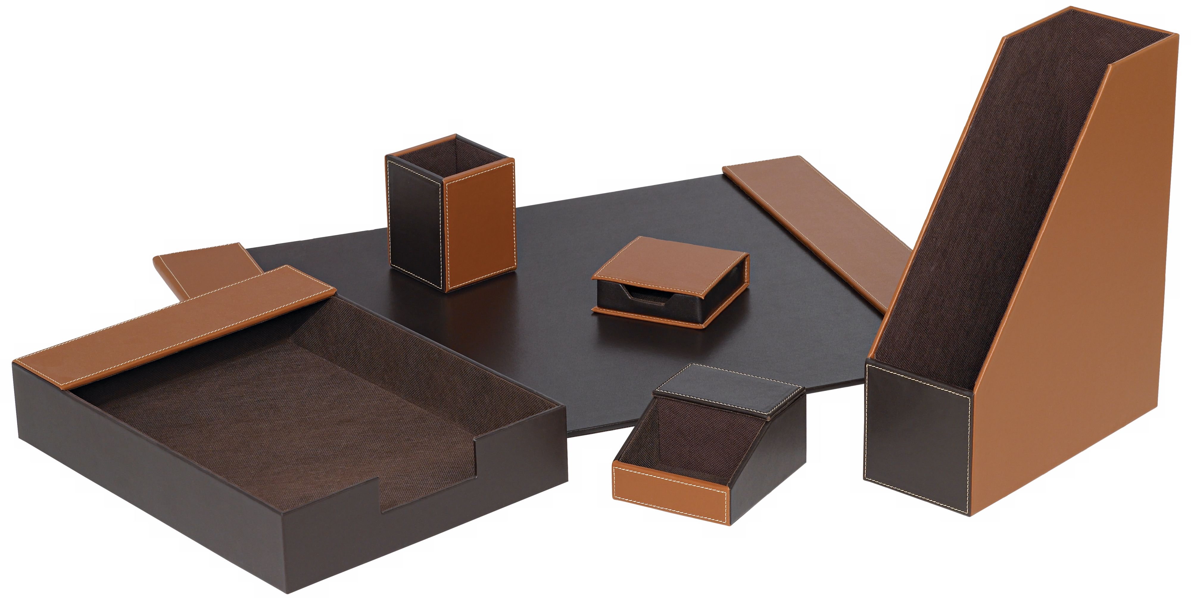 Set of Six Coffee Brown Faux Leather Desk Set