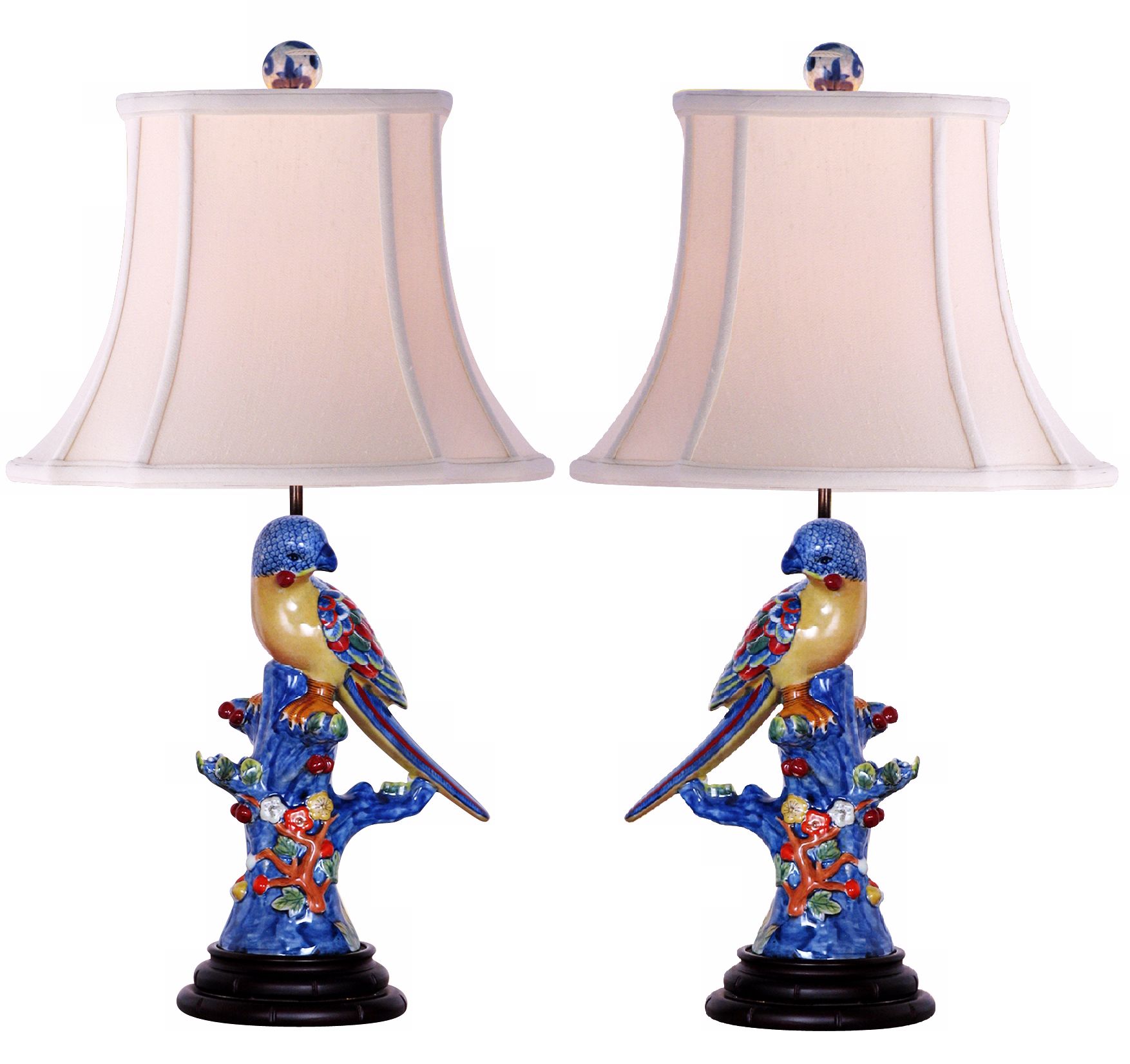 Armorial Porcelain Birds Set of Two Table Lamps