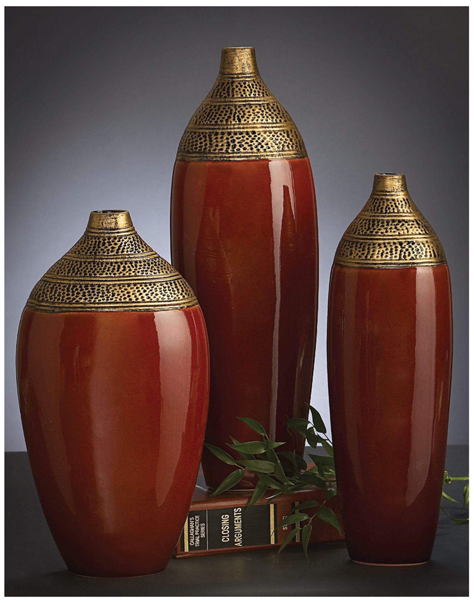 Set of 3 Burnt Rust w/ Antique Gold Leaf Ceramic Vases