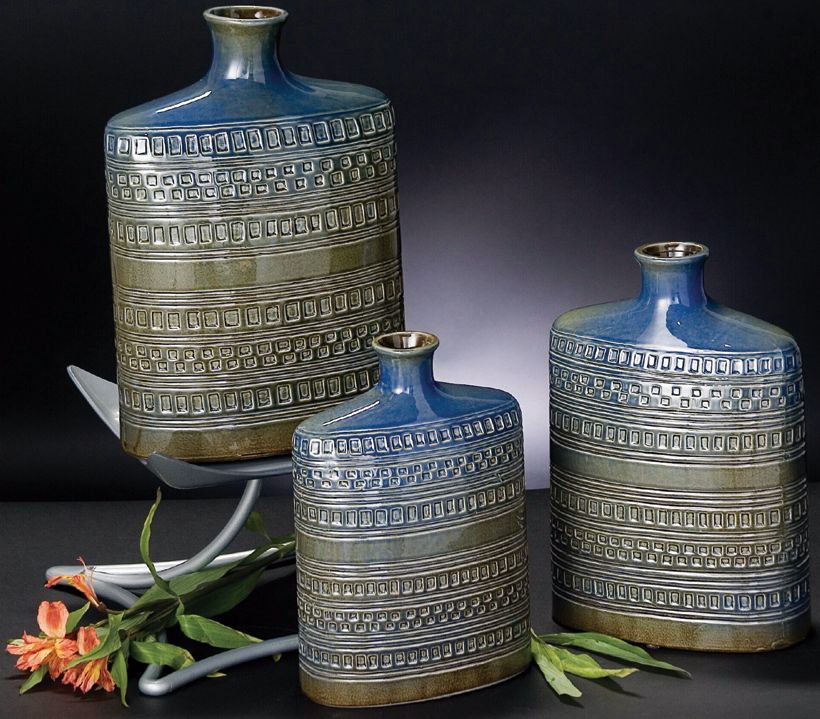 Set of 3 Blue Gray Glazed Vases  w/ Relief Accents