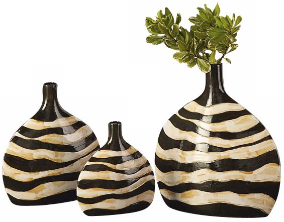 Set of 3 Black and Cream Zebra Striped Vases
