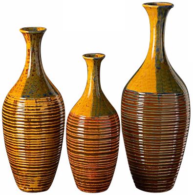 Set of 3 Light Mocha Vases w/ Blue, Grey and Caramel