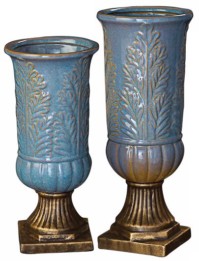 Set of 2 Pastel Blue Vases w/ Beige Highlights