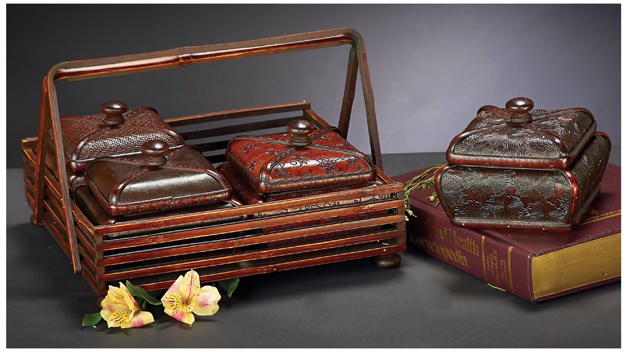 Set of 4 Multicolor Faux Leather Jewelry Boxes w/ Basket