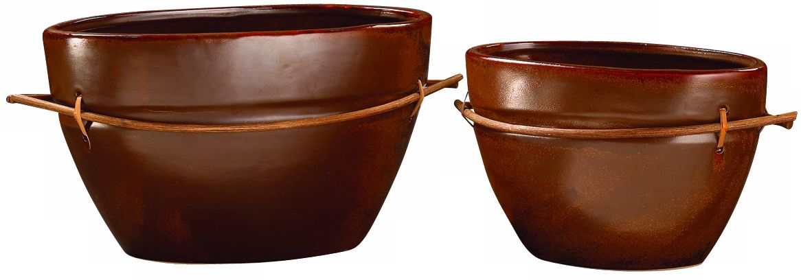 Set of 2 French Brown Glazed Bowls  w/ Bamboo Accent