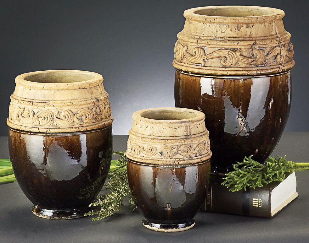 Set of 3 Mottled Moss Green Glaze Ceramic Urn Vases