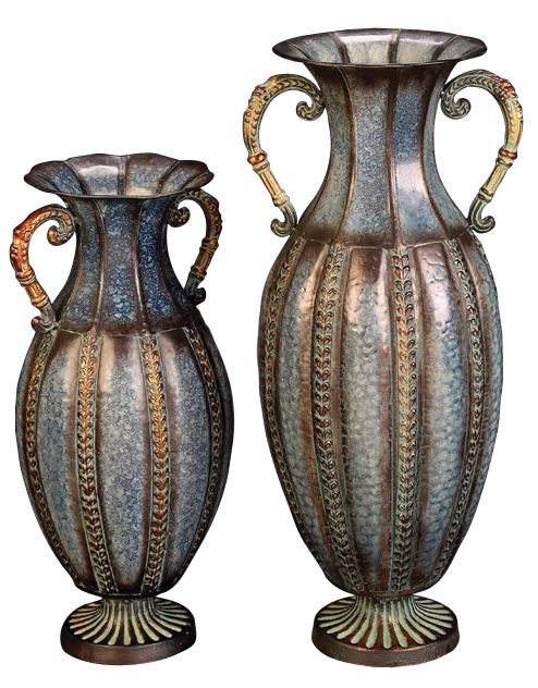 Set of 2 Aged Pewter and Blue Metal Urns
