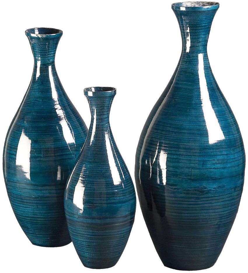 Set of 3 Deep Teal Blue Lacquered Ceramic Vases