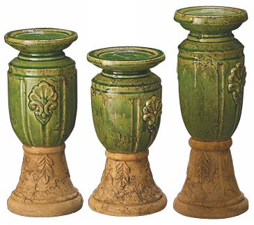 Set of 3 Celadon Glaze Old World Fired Candle Holders