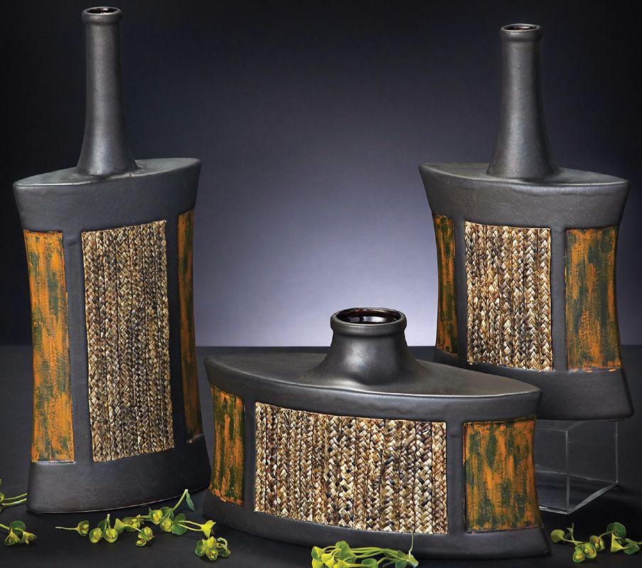 Set of 3 Matte Pewter Ceramic Vases with Rattan Accent