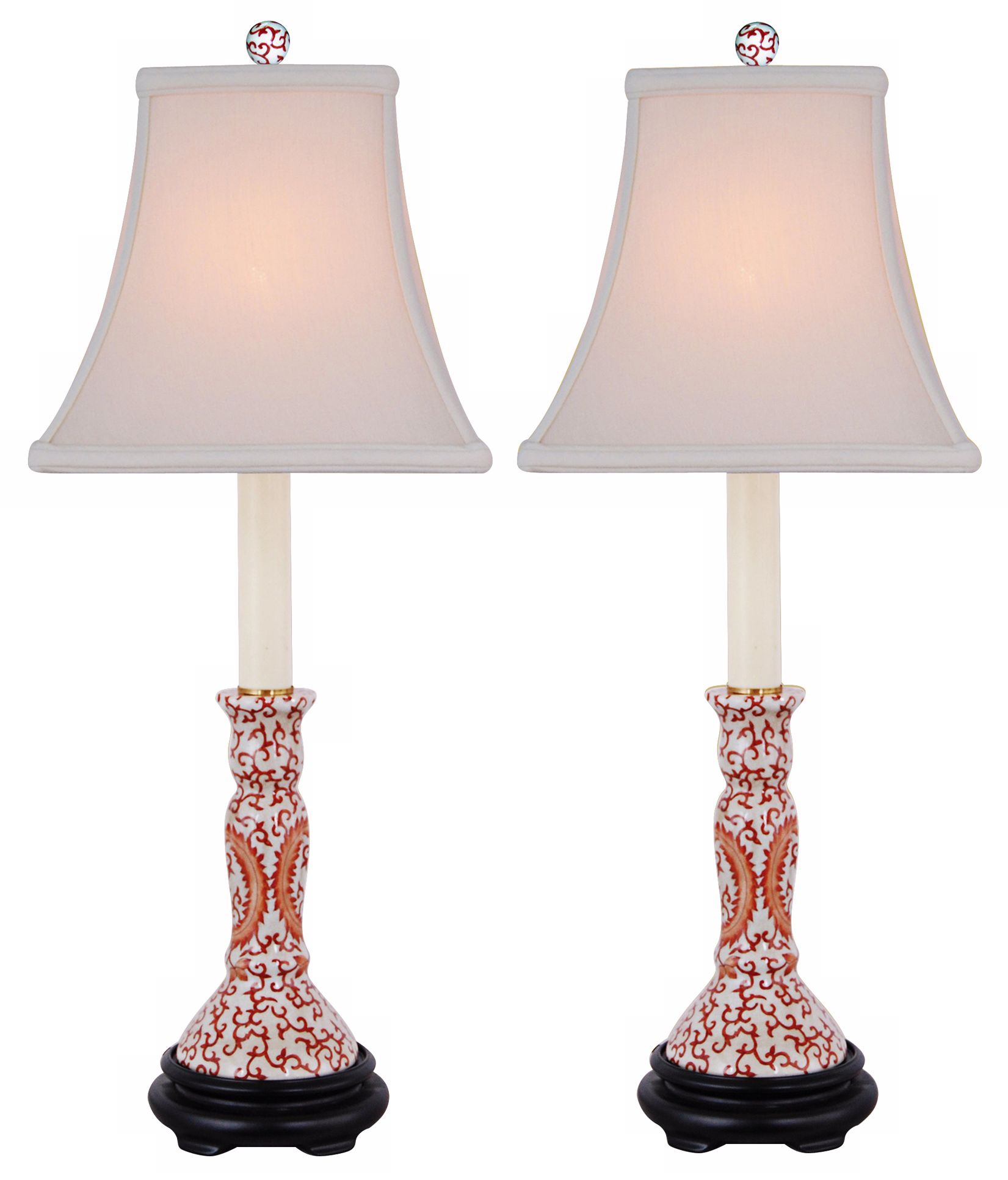 Set of 2 Orange Floral Candle Stand Porcelain Table Lamps