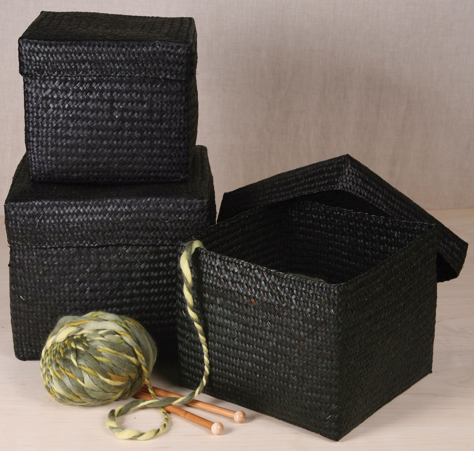 Set of 3 Black Square Woven Boxes with Lids