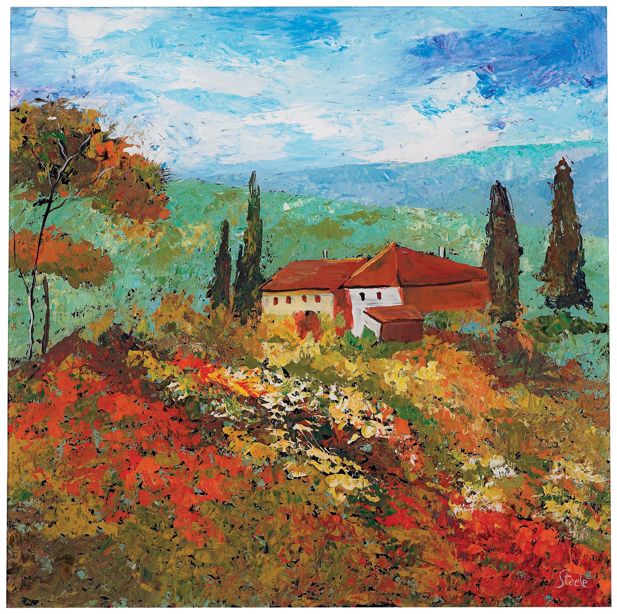Reverse Hand-Painted Tuscan Scene 24" Square Wall Art