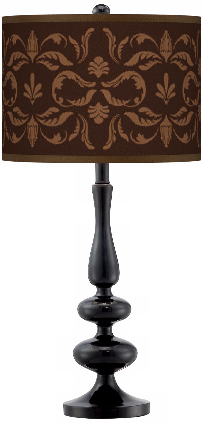 Mocha Flourish Linen Giclee Paley Black Table Lamp